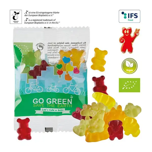 Vegán organikus gumicukor FG lebomló tasakban