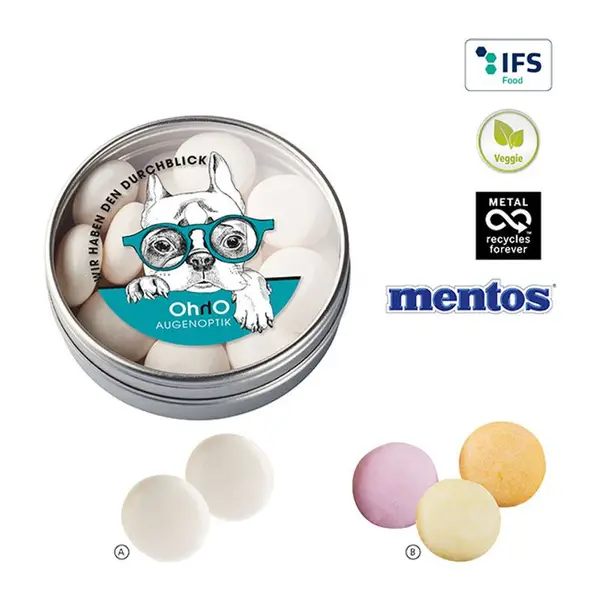 Fém doboz Mentos cukorral töltve, átlátszó tetővel